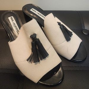 Karl Lagerfeld Paris Hettie silk crepe white block heel mules with black tassel